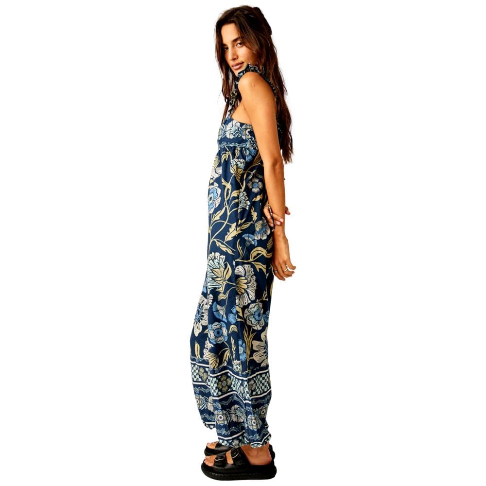 Women's Clothing Free People Womens Bali Albright Cotton Printed Sleeveless Jumpsuit Color Navy Size XS