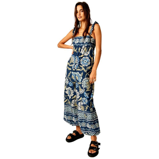 Women's Clothing Free People Womens Bali Albright Cotton Printed Sleeveless Jumpsuit Color Navy Size XS