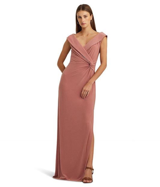 Lauren Ralph Lauren Women's Clothing Jersey Off-The-Shoulder long sleeve Gown Pink Mahogany, Size 2