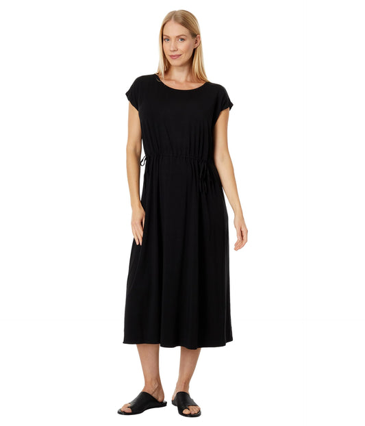 Women clothing Eileen Fisher Jewel Neck Calf Length Dress Short Sleeve Color Black Size XS