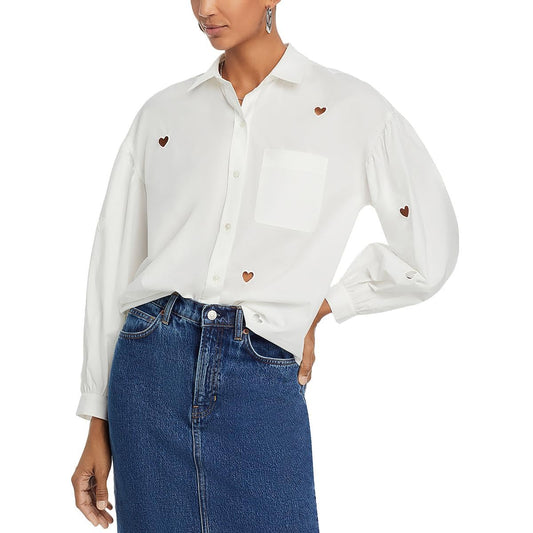 Women Clothing Rails Womens Janae Collar Eyelet Button-Down Long Sleeve Top Color White Size XS