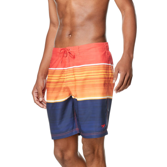 Speedo Men's Clothing Standard Swim Trunk Knee Length Boardshort Bondi Striped, Color Barrier Vibrant Orange, Size Small